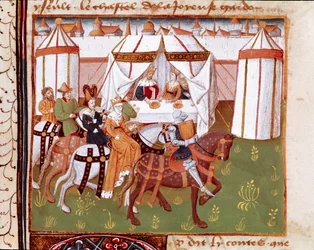 Llegada de los caballeros a la fiesta ofrecida por el rey Arturo y la reina Guenievre en Camelot (Camaloth o Camaaloth) Miniatura extraída del "Romanesque du Chevalier Tristan" del maestro Carlos de Maine 1440-1460. Chantilly, Museo del Conde