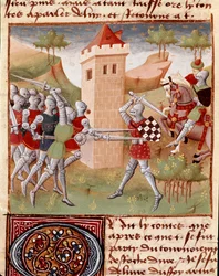 Lancelot du Lac luchando contra los caballeros Miniatura tomada del "Roman du Chevalier Tristan" del Maestro Charles de Maine (versión Beroul). 1440-1460. Chantilly, Museo del Conde