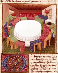 Preparativos de la Mesa Redonda a la llegada de los caballeros en miniatura tomados del "Románico del Caballero Tristán" del maestro Charles de Maine (versión de Beroul). 1440-1460. Chantilly, Museo del Conde