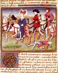 La reina Iseut (o Iseult) es un caballo acompañado de jinetes en miniatura extraído del "Románico del Caballero Tristán" del Maestro Carlos de Maine 1440-1460. Chantilly, Museo del Conde