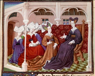La reina Iseut (o Iseult) conversando con sus compañeros de la miniatura del "Romance del caballero Tristán" del maestro Carlos de Maine 1440-1460. Chantilly, Museo del Conde