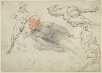 Estudios de desnudos masculinos y femeninos, un sátiro y un camello (anverso); estatua de Marco Aurelio (reverso)