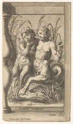 Dos tritones abrazándose, uno tocando una flauta de pan, el segundo sosteniendo una concha, 1579