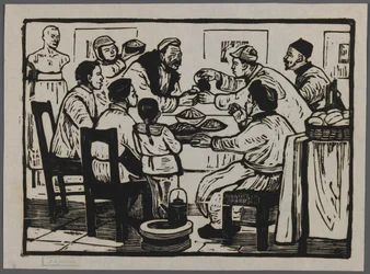 Tomemos una copa para celebrar el año nuevo, c.1945 (xilografía)