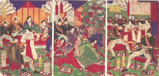 Los líderes de la pacificación de los rebeldes de Kagoshima celebrando con copas ..., 20 de septiembre de 1877.
