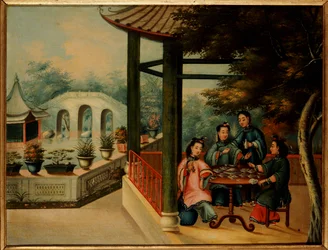 Escena de jardín chino con damas tomando té, mediados del siglo XIX