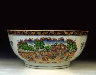 Un tazón de ponche famille rose "Londres", con una vista del Gran Paseo, Jardines de Vauxhall, c.1750-1800