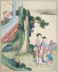 Un hombre escribiendo y su familia al lado de un río (gouache sobre seda)