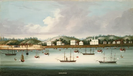 Vista de Singapur desde las carreteras con barcos estadounidenses, franceses y británicos, c.1850