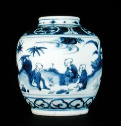 Jarra azul y blanca pintada con niños con una liebre, Wanli o Chongzheng, 1600-30