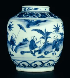 Jarra azul y blanca pintada con niños jugando en caballitos de juguete, Wanli o Chongzheng, 1600-30