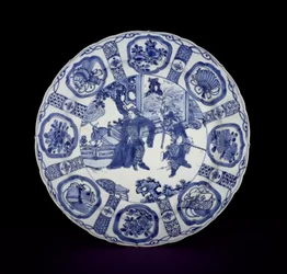Plato kraak azul y blanco pintado con guerreros, Wanli, 1590-1610