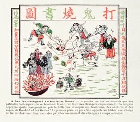Quemando los libros cristianos venenosos que desprecian nuestras tradiciones, nuestros antepasados, la sabiduría de nuestros sabios y el Buda, 1891