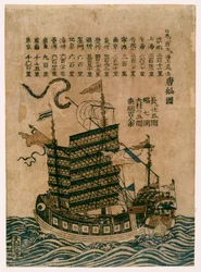 Barco Chino (Tosen Zu) con listado de la ruta marítima de China a Japón