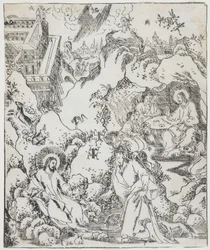 Cristo en el desierto, placa de Giulio Alenis Tianzhu jiangsheng zhuxiang jingjie (Una historia ilustrada del Señor del Cielo que se encarnó en la carne), Iglesia de Jinjiang, Provincia de Fujian