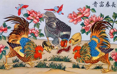 Gallo matando un milpiés, ilustración de Recherches sur les superstitions en Chine, publicado en Shanghái por Imprimerie de la Mission Catholique, 1929