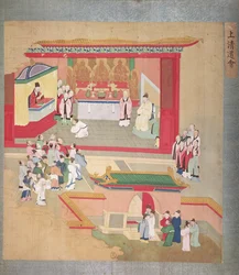Emperador Hui Tsung (r.1100-26) practicando con la secta budista Tao-See, de una Historia de los Emperadores de China