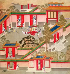 El Emperador Wu Ti (156-87, r.141-87 a.C.), saliendo de su palacio, de una historia de los emperadores chinos