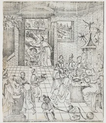 Lázaro en la casa del hombre rico, placa de Giulio Alenis Tianzhu jiangsheng zhuxiang jingjie (Una historia ilustrada del Señor del Cielo que se encarnó en la carne), Iglesia de Jinjiang, Fuji
