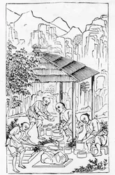 Fabricación de cajas de arcilla gruesa para sostener la porcelana en el horno, de una serie de ilustraciones sobre la fabricación de porcelana