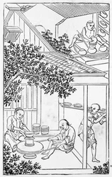 Moldeado y colocación en la rueda de alfarero, de una serie de ilustraciones sobre la fabricación de porcelana