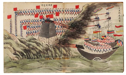 Escena de batalla naval en los fuertes de Dagu o Taku, Segunda Guerra del Opio, 1859