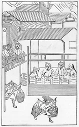 Empaque y transporte de productos terminados, de una serie de ilustraciones sobre la fabricación de porcelana