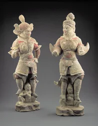 Par de figuras Lokapala, Dinastía Tang (618-907) (barro)