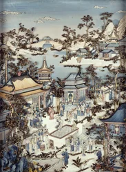 Panel que representa a un dignatario con asistentes viendo a una bailarina, período Qianlong, 1736-95