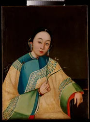 Retrato de una dama de la corte, sentada a medio cuerpo en una túnica bordada, sosteniendo una flor