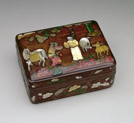 Caja rectangular tzu-tan, que muestra un mensajero imperial que viene a obtener la liberación de Su Wu, hecha por el taller de la familia Chou, mediados-finales de la dinastía Ming 1368-1644