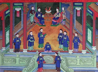Escena que representa a un funcionario imperial chino en casa sentado con su esposa (gouache sobre seda)
