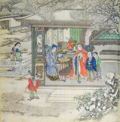 Escena en un jardín con una familia recibiendo visitantes (gouache sobre seda)