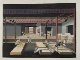 El Embalaje y Empaque de Tazones y Platos, lámina 12 de una serie de doce que representan el proceso de fabricación de porcelana china, siglo XIX