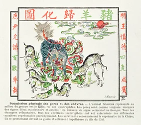 El Kilin es adorado por los cerdos y cabras que han comprendido los errores del cristianismo y reconocen la supremacía de China, 1891