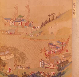 El segundo emperador Sui, Yangdi (569-618) con su flota de embarcaciones, de una historia de los emperadores chinos