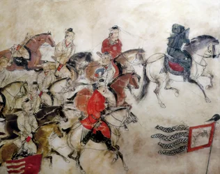 Tumba del Príncipe Zhanghuai, escena de caza con caballos, Xian, período Han, 706 (mural)