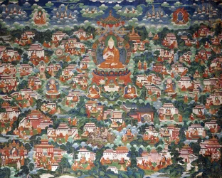 Tsong-Kha-Pa, sentado en un loto, rodeado de varios discípulos