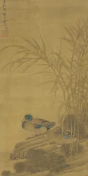 Dos patos entre juncos en la orilla del agua, dinastía Ming o Qing, siglo XV-XVIII