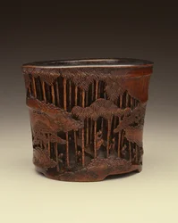 Gran maceta para pinceles con los Siete Sabios del Bosque de Bambú en sus actividades literarias dentro de un bosque de bambú, período Kang-hsi (1662-1722), dinastía Ching