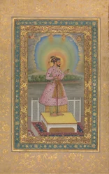 Shah Jahan en una terraza, sosteniendo un colgante con su retrato, Folio