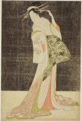 Selección de bellezas de los barrios de recreo (Seiro bijin awase): Cortesanas contratadas para las fiestas de Año Nuevo - Takigawa of the Ogiya, c.1794 (xilografía en color; oban)