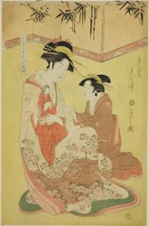 Bellezas parodiando a los siete sabios - Una selección de cortesanas jóvenes (Shichi kenjin yatsushi bijin shinzo zoroe): Shinoura de la Tsuruya