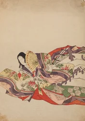 Dama de corte sentada, inclinada hacia delante con un abanico, lámina del álbum: Nishiki-zuri onna sanju rokkasen e-zukushi