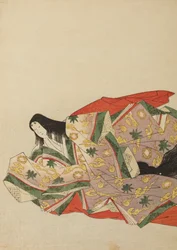 Dama de corte sentada con una túnica violeta clara de motivos verdes y amarillos, lámina del álbum: Nishiki-zuri onna sanju rokkasen e-zukushi