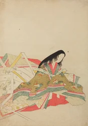 Dama de corte sentada con una túnica de motivo de aves hoo, lámina del álbum: Nishiki-zuri onna sanju rokkasen e-zukushi
