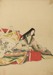 Dama de la corte sentada, apoyada en un abanico, lámina del álbum: Nishiki-zuri onna sanju rokkasen e-zukushi