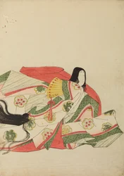 Dama de la corte sentada con un abanico amarillo, lámina del álbum: Nishiki-zuri onna sanju rokkasen e-zukushi