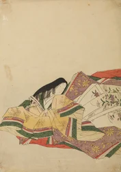 Dama de corte sentada, vuelta hacia la izquierda, lámina del álbum: Nishiki-zuri onna sanju rokkasen e-zukushi