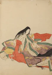 Dama de corte sentada, vuelta hacia la izquierda, lámina del álbum: Nishiki-zuri onna sanju rokkasen e-zukushi